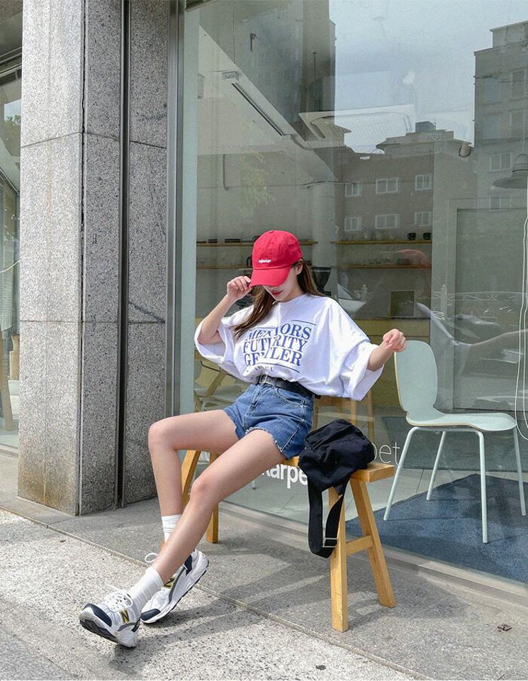 SONYUNARA(ソニョナラ)英文アウトステッチ半袖Tシャツ【5/31up_ka】韓国 韓国ファッション Tシャツ オーバーサイズ 体型カバー ロゴ ステッチ スリット【5】