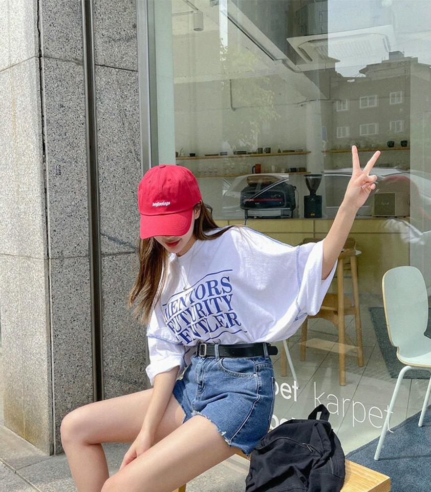 SONYUNARA(ソニョナラ)英文アウトステッチ半袖Tシャツ【5/31up_ka】韓国 韓国ファッション Tシャツ オーバーサイズ 体型カバー ロゴ ステッチ スリット【5】