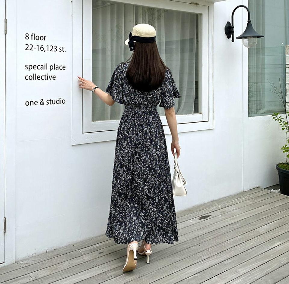 リボンVネックパターンワンピース・全3色・t68759 レディース 【ops】 ワンピース ロングワンピース Vネック りぼん 花柄 フラワー フェミニン 背中見せ 青 春 夏 体型カバー 人気 韓国ファッション ハイホリHIHOLLI