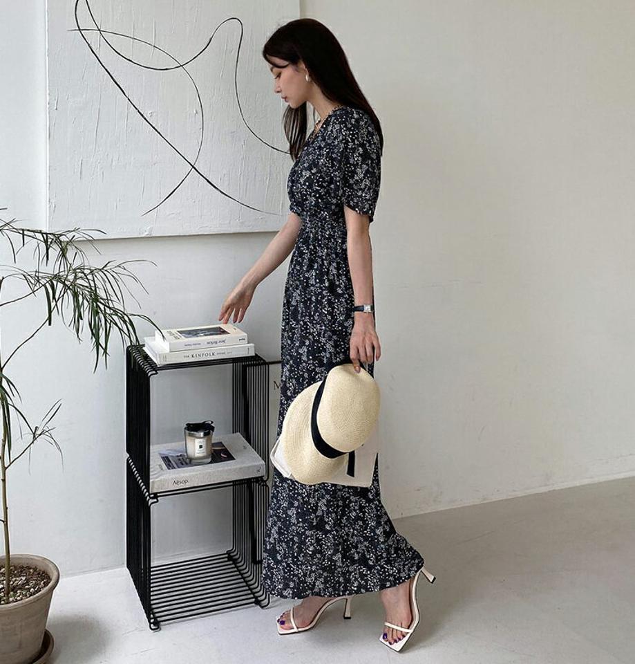リボンVネックパターンワンピース・全3色・t68759 レディース 【ops】 ワンピース ロングワンピース Vネック りぼん 花柄 フラワー フェミニン 背中見せ 青 春 夏 体型カバー 人気 韓国ファッション ハイホリHIHOLLI