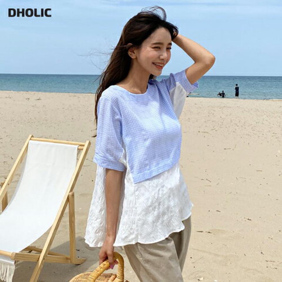 チェック配色ヘムブラウス・全2色・b63881 レディース 【bl】 韓国 ファッション トップス ブラウス 半袖 大人 配色 5分丈 パフスリーブ フレア ギンガム チェック ガーリー レース リンクル フェミニン レイヤード風 夏 春