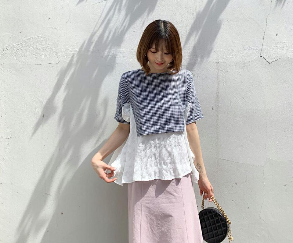 チェック配色ヘムブラウス・全2色・b63881 レディース 【bl】 韓国 ファッション トップス ブラウス 半袖 大人 配色 5分丈 パフスリーブ フレア ギンガム チェック ガーリー レース リンクル フェミニン レイヤード風 夏 春