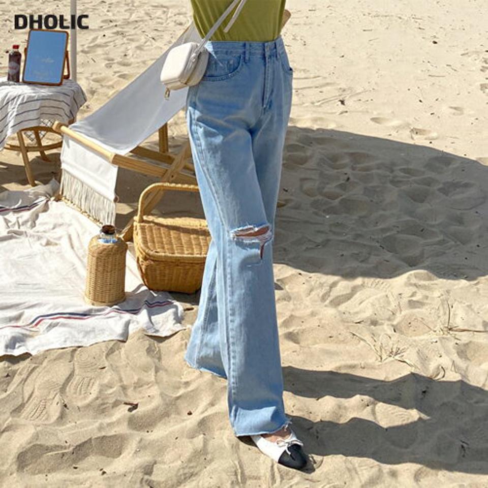 ニーカットワイドデニムパンツ・全1色・t63907 レディース 【pt】 韓国 ファッション ボトムス ロング ロングパンツ デニム ダメージカット デニムパンツ ワイド スリム ハイウエスト 足長 ストレート 大人 10分丈 体型カーバー 細身 夏 春