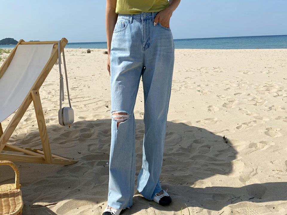 ニーカットワイドデニムパンツ・全1色・t63907 レディース 【pt】 韓国 ファッション ボトムス ロング ロングパンツ デニム ダメージカット デニムパンツ ワイド スリム ハイウエスト 足長 ストレート 大人 10分丈 体型カーバー 細身 夏 春