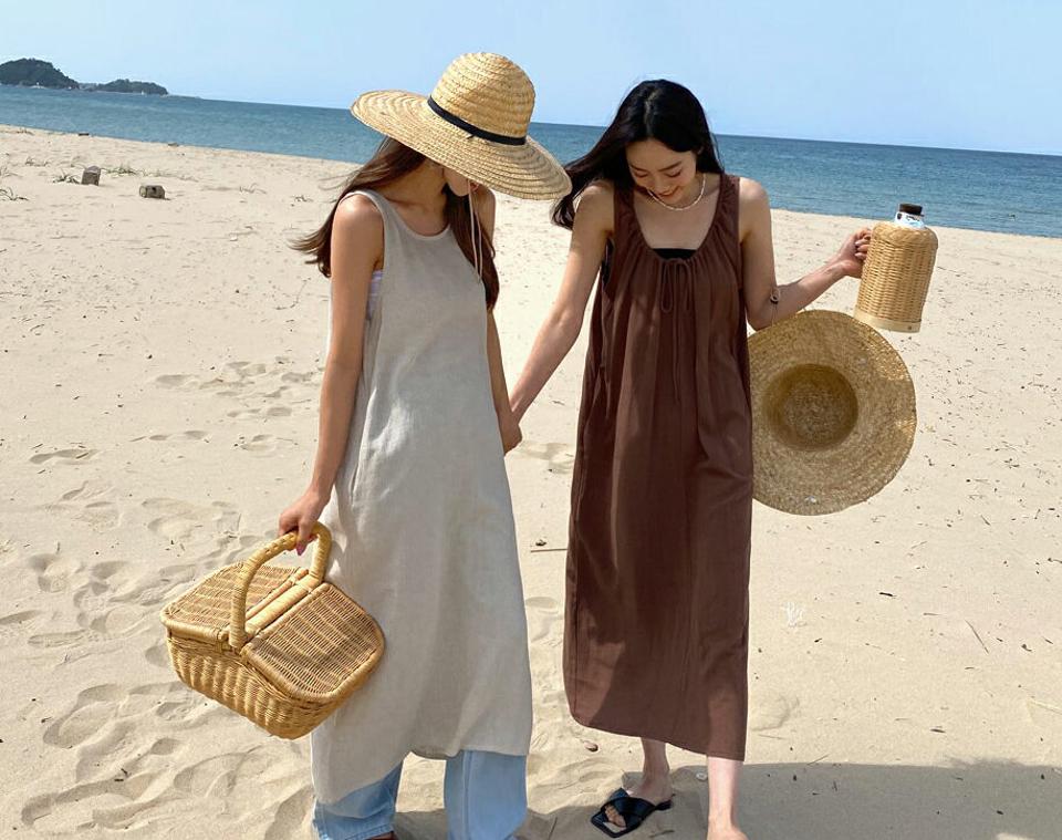 2WAYリボンワンピース・全3色・b63897 レディース 【ops】 韓国 ファッション ワンピース ロング ロングワンピース ドライ Uネック ストリング Hライン ノースリーブ フェミニン 体型カバー ボリューム 夏 春