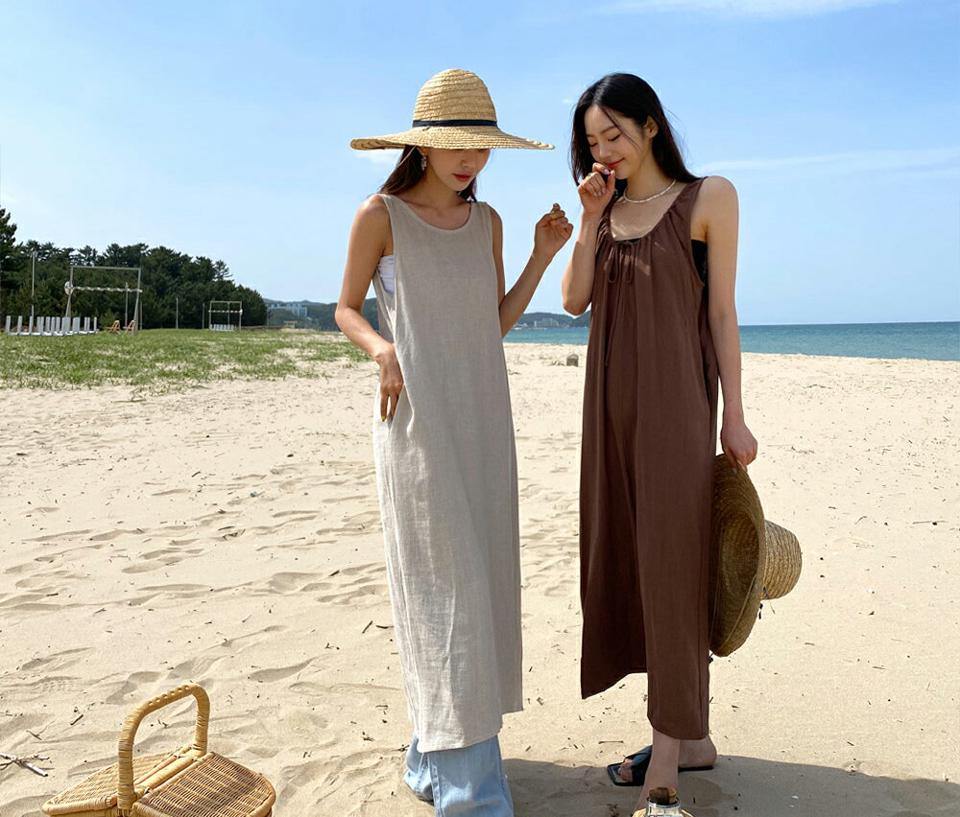 2WAYリボンワンピース・全3色・b63897 レディース 【ops】 韓国 ファッション ワンピース ロング ロングワンピース ドライ Uネック ストリング Hライン ノースリーブ フェミニン 体型カバー ボリューム 夏 春