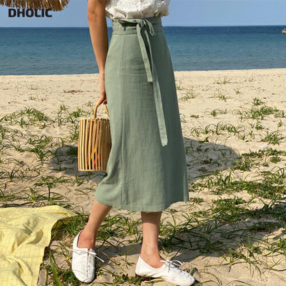 リネン混リボンラップスカート・全4色・t63880 レディース 【sk】【韓国 ファッション ボトムス スカート ロング ロングスカート リネン フェミニン リボン ストライプ ラップ 体型カバー 細身 スリム ボリューム 夏 春】