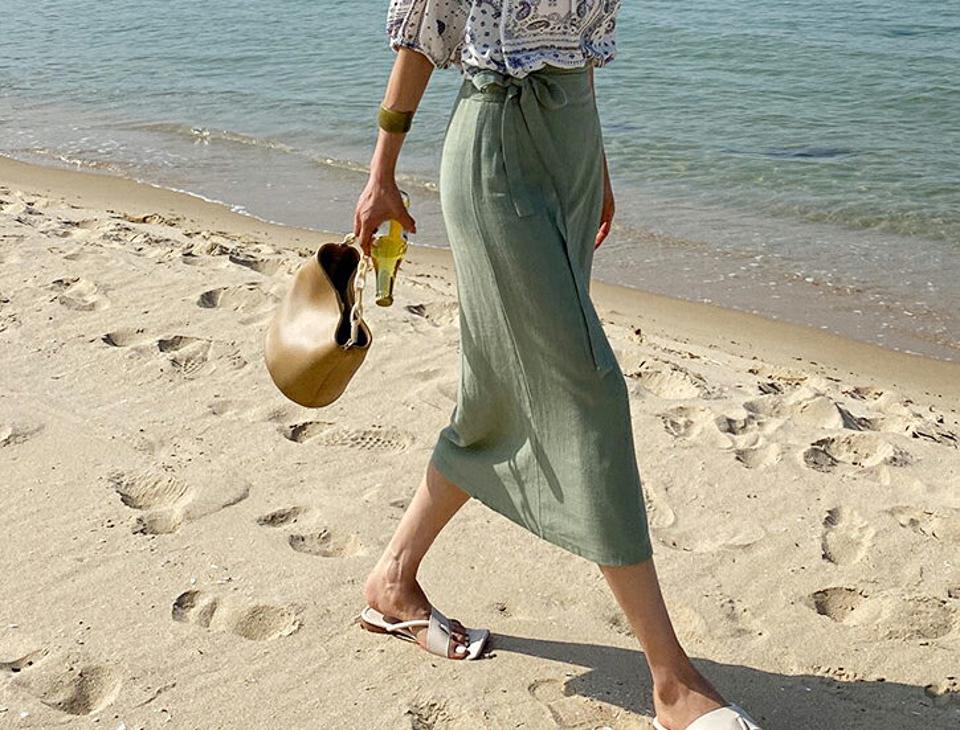 リネン混リボンラップスカート・全4色・t63880 レディース 【sk】【韓国 ファッション ボトムス スカート ロング ロングスカート リネン フェミニン リボン ストライプ ラップ 体型カバー 細身 スリム ボリューム 夏 春】