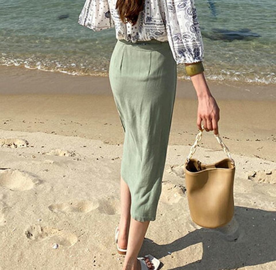 リネン混リボンラップスカート・全4色・t63880 レディース 【sk】【韓国 ファッション ボトムス スカート ロング ロングスカート リネン フェミニン リボン ストライプ ラップ 体型カバー 細身 スリム ボリューム 夏 春】