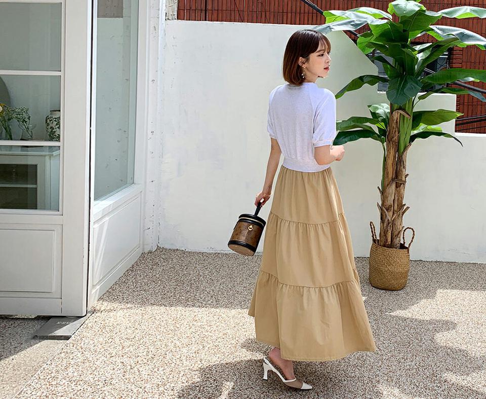 配色ティアードワンピース・全2色・b63899 レディース 【ops】 韓国 ファッション ワンピース ロング ロングワンピース 半袖 異素材 配色 ゴム ギャザー フレア ラグランスリーブ フェミニン 体型カバー ボリューム 夏 春