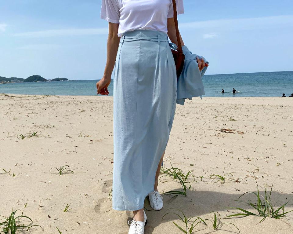 リネン混リボンHラインスカート・全3色・b63873 レディース 【sk】 韓国 ファッション ボトムス スカート ロング ロングスカート リネン Hライン リボン フェミニン 体型カバー 細身 スリム フィット 無地 ベーシック スリット 夏 春