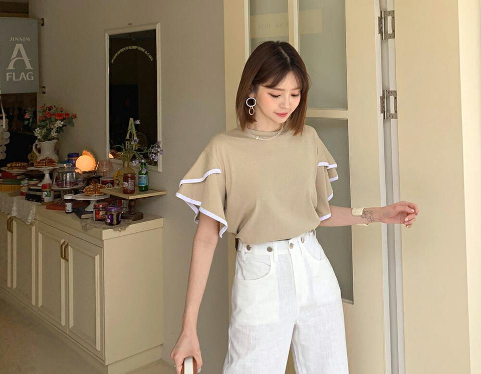 ≪人気商品再入荷≫配色フレアスリーブTシャツ・全3色・b62184 レディース 【tops】 ベージュ 韓国ファッション トップス Tシャツ 半袖 デイリー フレア ラウンドネック スリム カジュアル 細身 ルーズ 二の腕カバー 夏 春