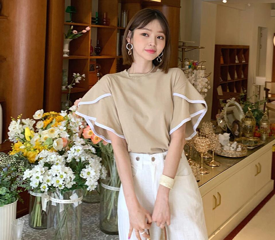 ≪人気商品再入荷≫配色フレアスリーブTシャツ・全3色・b62184 レディース 【tops】 ベージュ 韓国ファッション トップス Tシャツ 半袖 デイリー フレア ラウンドネック スリム カジュアル 細身 ルーズ 二の腕カバー 夏 春