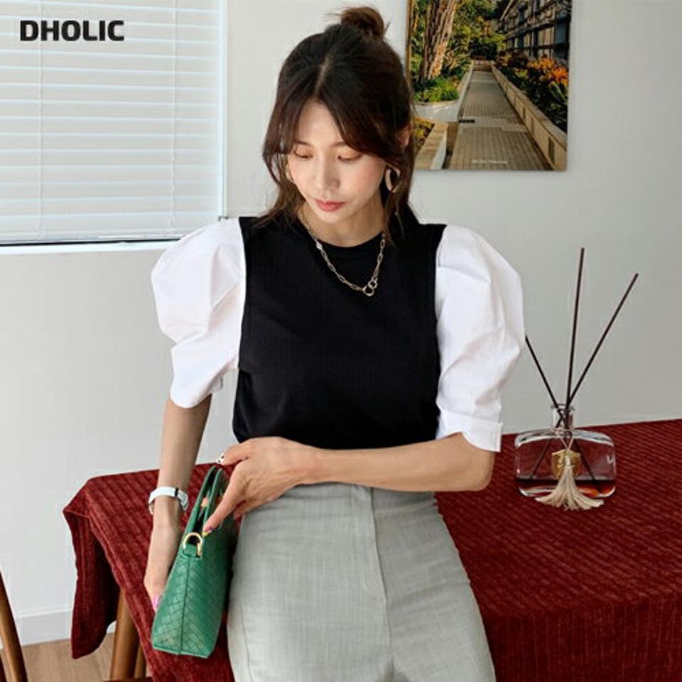 配色パフTシャツ・全4色・t62180 レディース 【tops】 韓国ファッション トップス Tシャツ 半袖 デイリー 配色 ラウンドネック スリム フィット カジュアル 細身 5分丈 パフスリーブ 異素材 夏 春214