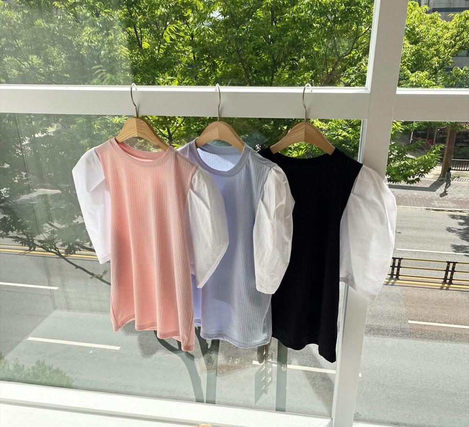 配色パフTシャツ・全4色・t62180 レディース 【tops】 韓国ファッション トップス Tシャツ 半袖 デイリー 配色 ラウンドネック スリム フィット カジュアル 細身 5分丈 パフスリーブ 異素材 夏 春214