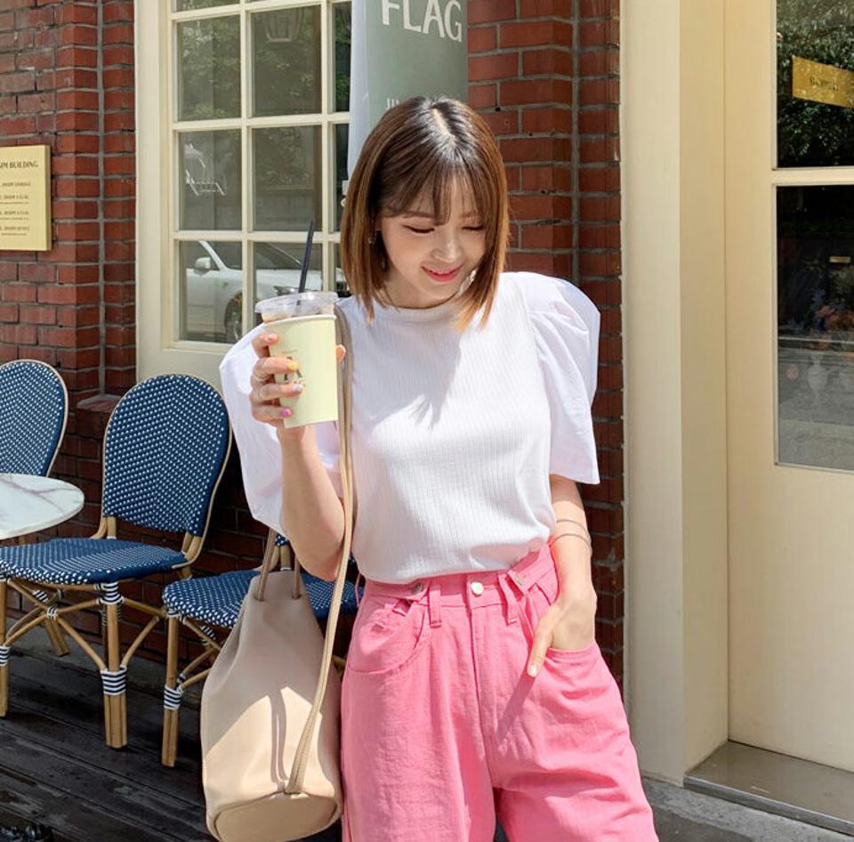 配色パフTシャツ・全4色・t62180 レディース 【tops】 韓国ファッション トップス Tシャツ 半袖 デイリー 配色 ラウンドネック スリム フィット カジュアル 細身 5分丈 パフスリーブ 異素材 夏 春214