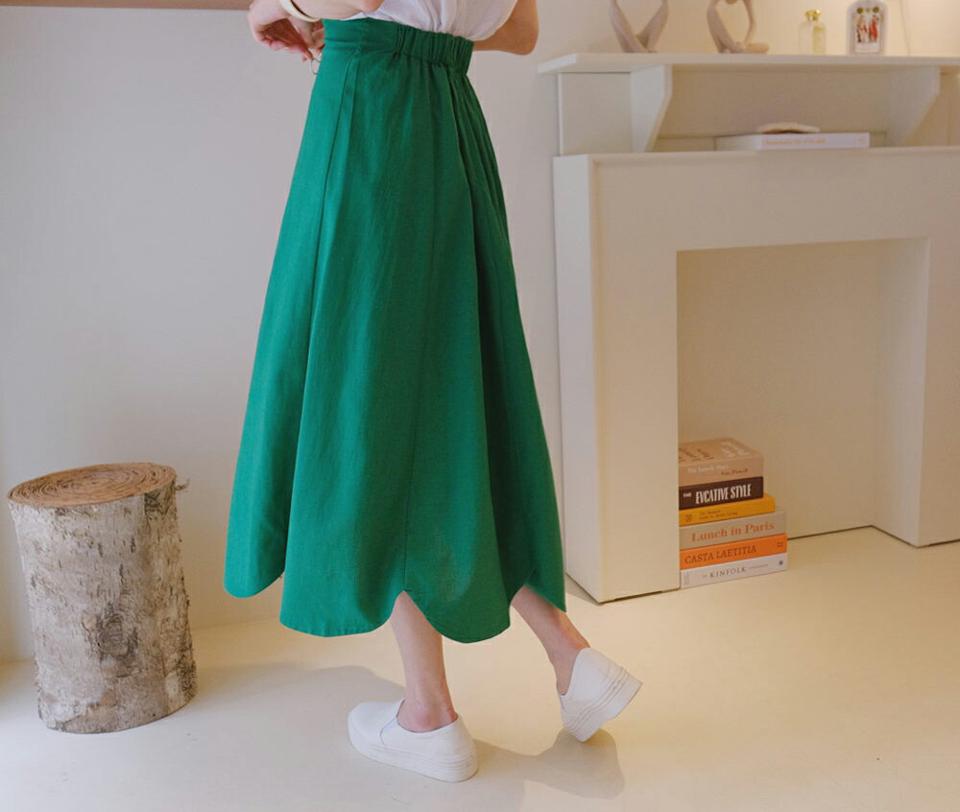 リネン混スカラップヘムカート・全2色・b62221 レディース 【sk】 韓国 ファッション ボトムス スカート ロング ロングスカート リネン フェミニン フレア 体型カバー 細身 スリム ゴム Aライン ボリューム スカラップ 夏 春