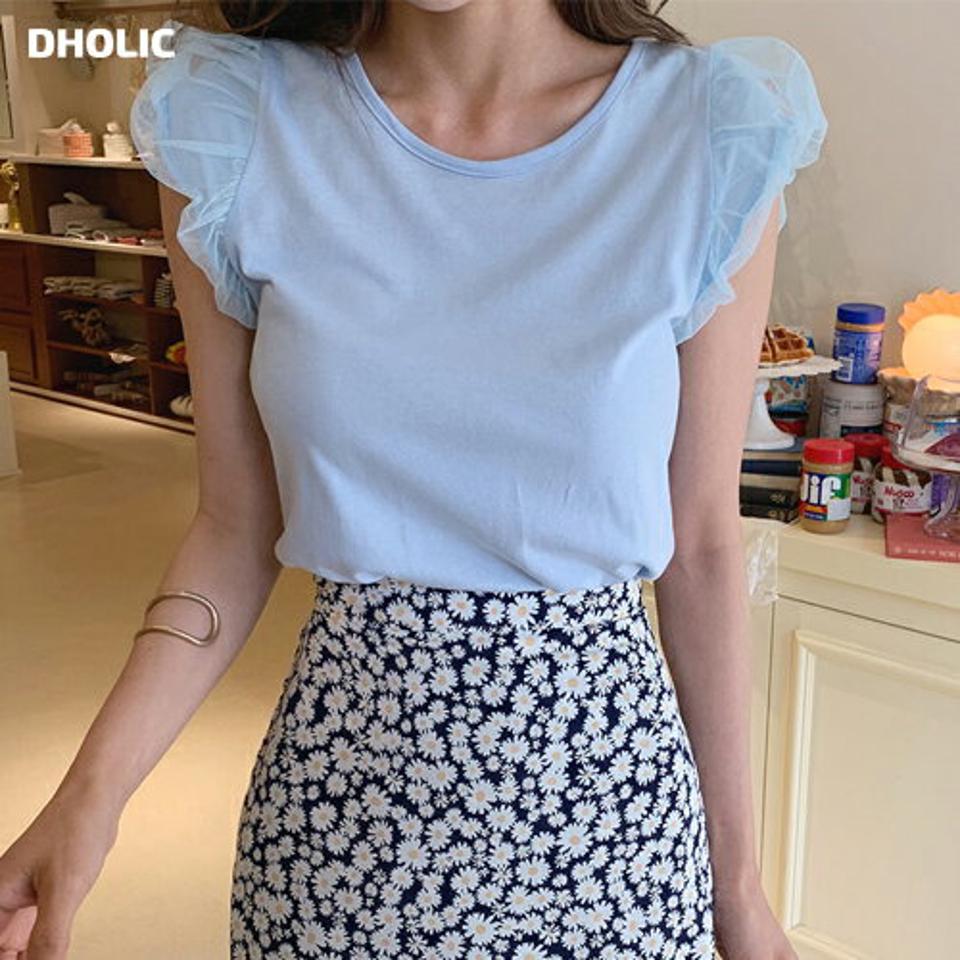 メッシュパフTシャツ・全5色・b62177 レディース 【tops】 韓国ファッション トップス Tシャツ 半袖 デイリー パフスリーブ モダールブレンド メッシュ ラウンドネック スリム ショートスリーブ カジュアル 細身 異素材 夏 春