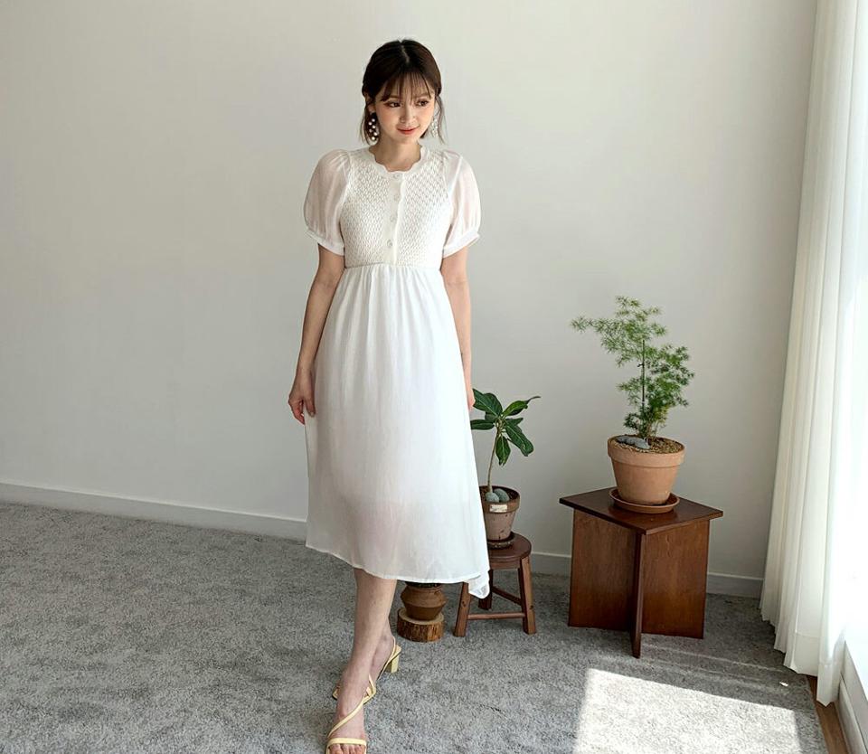 ニットコントラストワンピース・全3色・b62203 レディース 【ops】【韓国 ファッション ワンピース ロング ロングワンピース 半袖 ニット シフォン 異素材 フレア ラウンドネック ウェーブ パフスリーブ フェミニン 体型カバー 夏 春】