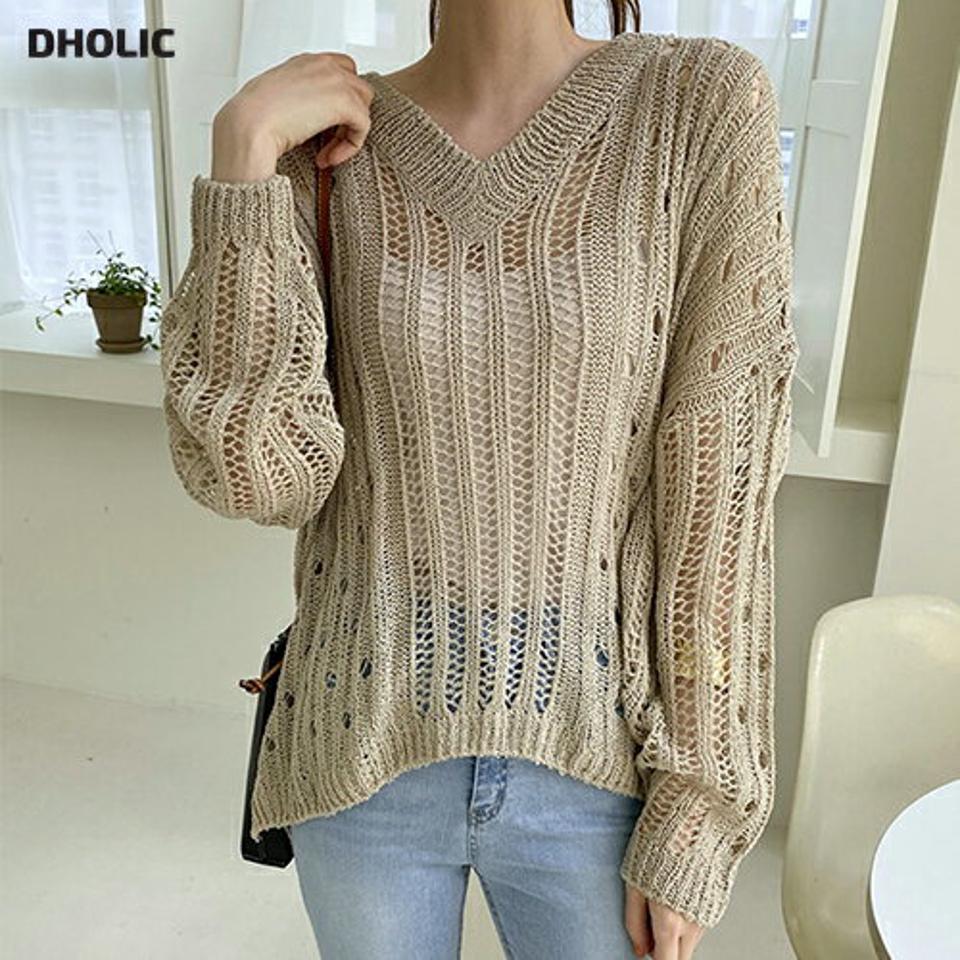 パンチングルーズニット・全4色・b68754 レディース 【tops】 トップス ニット ニットトップス 長袖 ルーズ ラフ カジュアル パンチング 透け感 シアー シースルー クロシェ 春 夏 韓国 ファッション ハイホリHIHOLLI