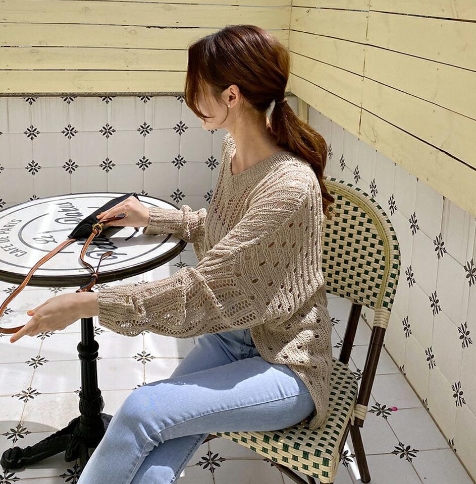 パンチングルーズニット・全4色・b68754 レディース 【tops】 トップス ニット ニットトップス 長袖 ルーズ ラフ カジュアル パンチング 透け感 シアー シースルー クロシェ 春 夏 韓国 ファッション ハイホリHIHOLLI
