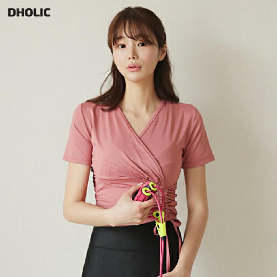 ドロストカシュクールTシャツ・全4色・b44650 レディース 【tops】 韓国 ファッション トップス Tシャツ 半袖 デイリー ショートスリーブ Vネック ギャザー ストリング 体型カーバー 細身 スリム フィット フィットネス ジム 夏 春