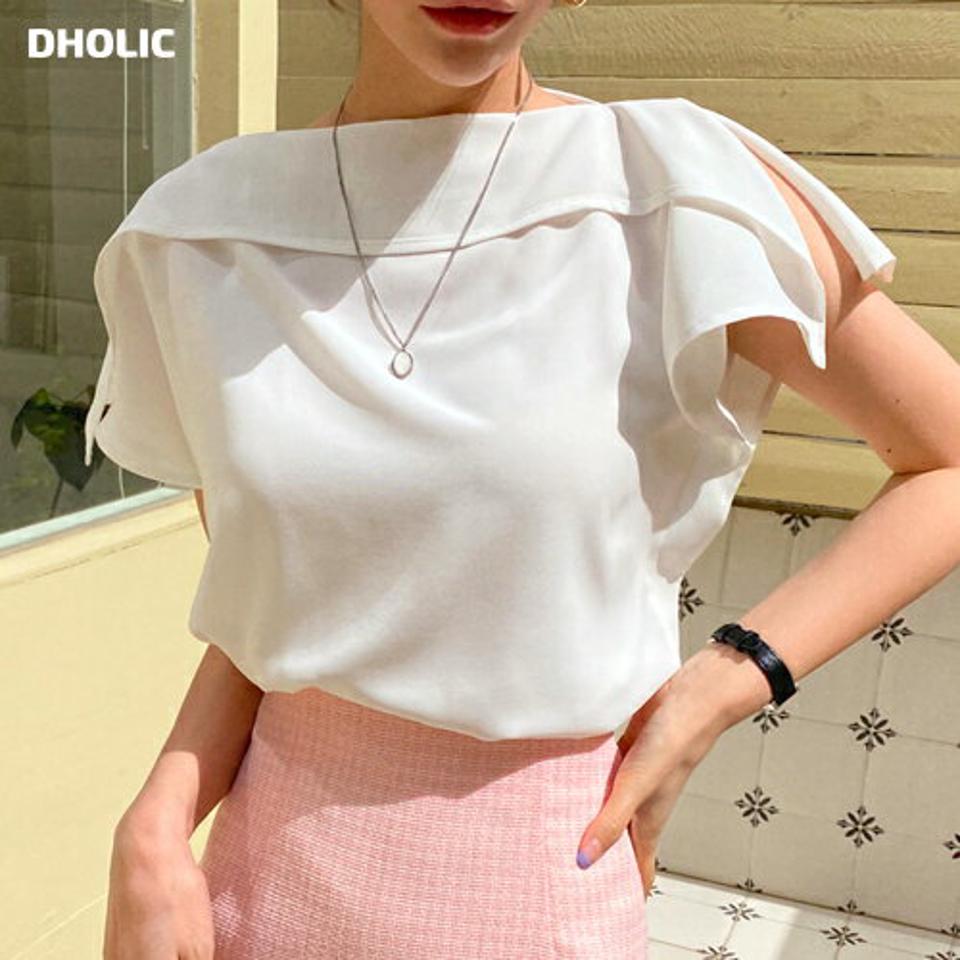 ディテールボートネックブラウス・全3色・t6875 レディース 【bl】 トップス ブラウス ボートネック ショートスリーブ フレンチスリーブ スリット ユニーク フェミニン 大人 上品 シンプル 春 夏 韓国 ファッション ハイホリHIHOLLI