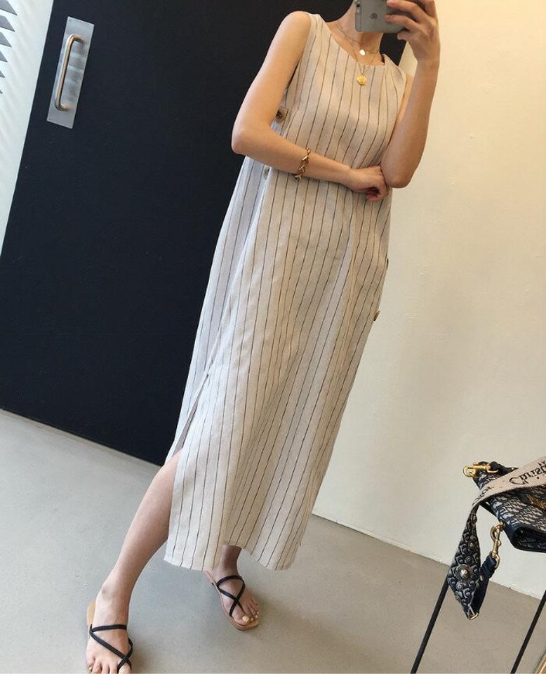 ワンピース レディース マキシ丈 ノースリーブ 夏 ストライプ柄 サイドスリット ロング ワンピース Aライン 大きいサイズ シンプル ゆったり カジュアル 体型カバー ロング ママワンピース 夏物