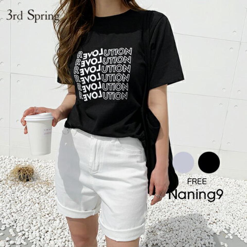 NANING9(ナンニング)REVOLUTIONレタリングTシャツ【6/3up_ka】【メール便】韓国 韓国ファッション　トップス 半袖 夏 春 ロゴT レタリングT 黒 白 レディース ファッション【5】