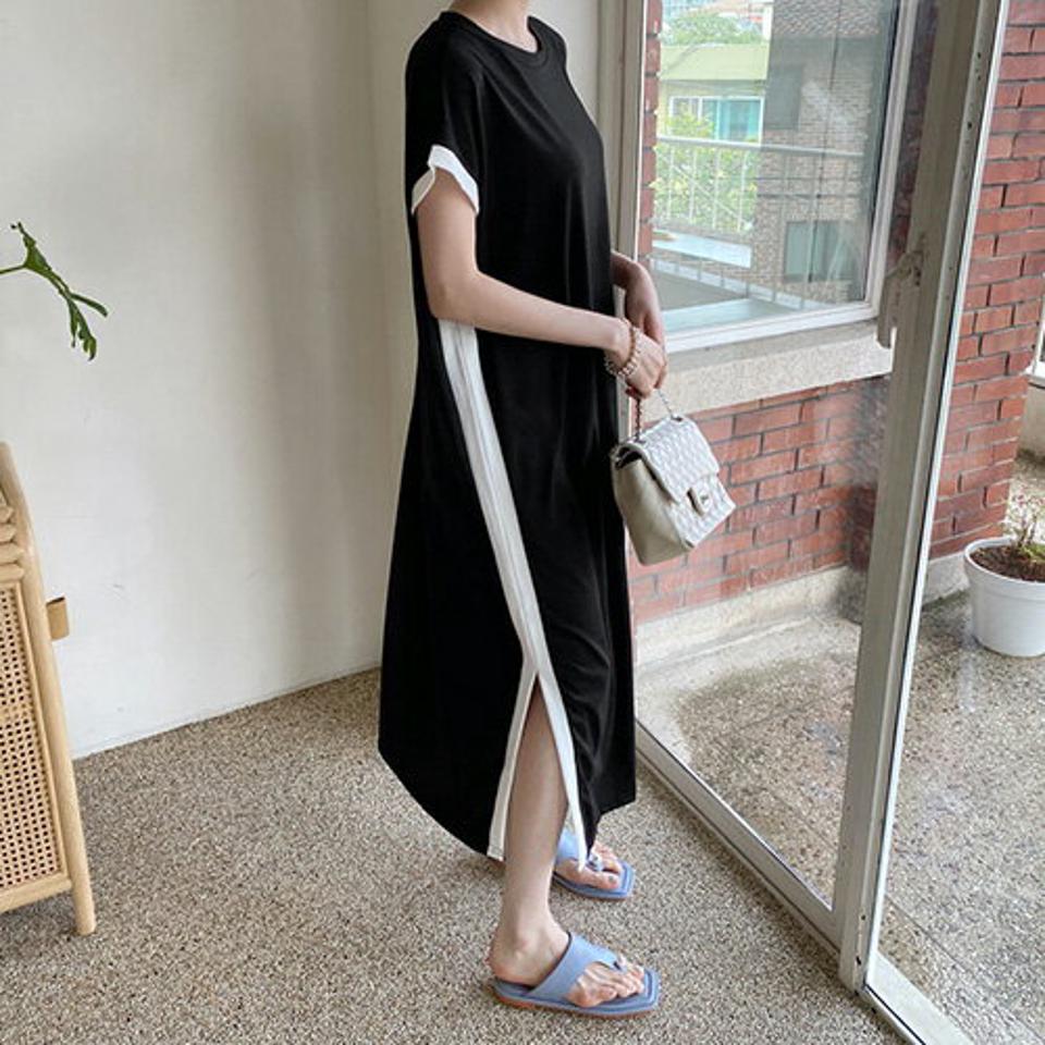 ≪人気商品再入荷≫配色ラインワンピース・全3色・b68784 レディース 【ops】ワンピース ロング スリット 配色 ライン 体型カバー Hライン カジュアル ラフ 春 夏 韓国 ファッション ハイホリHIHOLLI