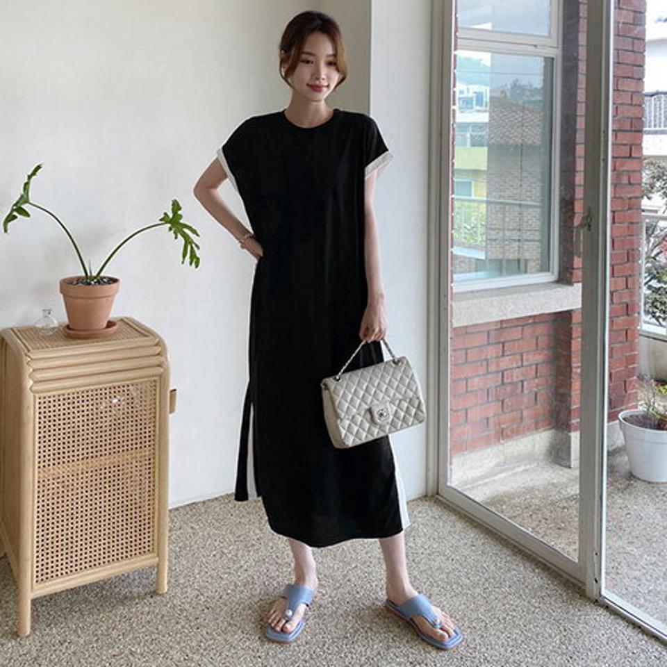 ≪人気商品再入荷≫配色ラインワンピース・全3色・b68784 レディース 【ops】ワンピース ロング スリット 配色 ライン 体型カバー Hライン カジュアル ラフ 春 夏 韓国 ファッション ハイホリHIHOLLI