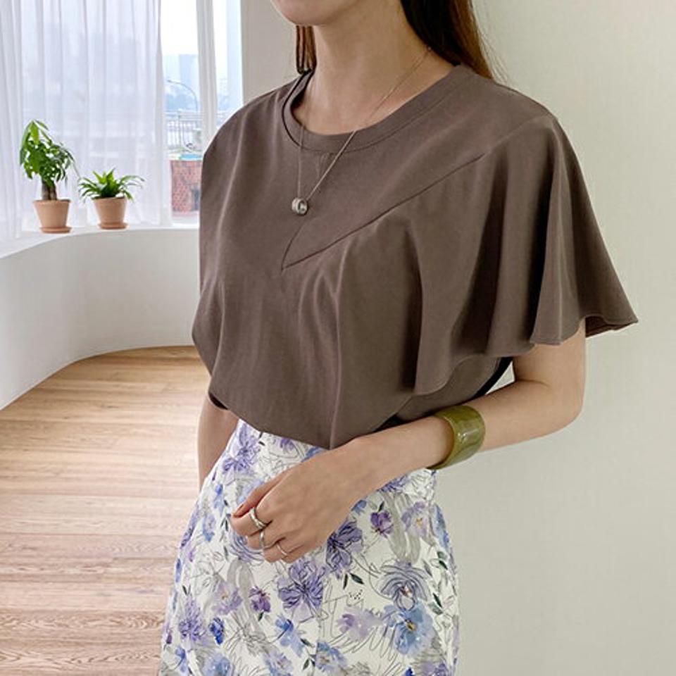 アシメラッフルTシャツ・全4色・b68888 レディース 【tops】 トップス Tシャツ 半袖 アシメ ラッフル 単色 シンプル 華奢見え 大人 春 夏 韓国 ファッション ハイホリHIHOLLI