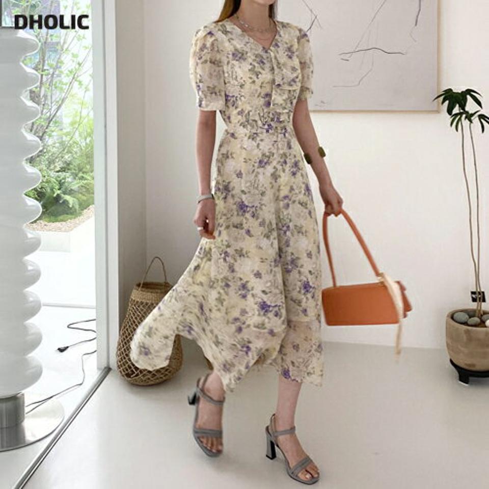 Vネックフリル花柄ワンピース・全3色・t68842 レディース 【ops】【ワンピース ロング ロングワンピース 半袖 花柄 フリル Vネック フェミニン かわいい 可愛い 春 夏 韓国 ファッション】【ハイホリHIHOLLI】