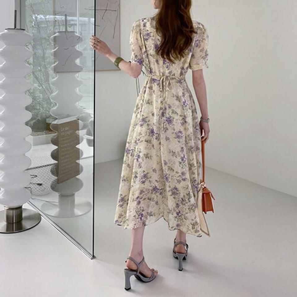 Vネックフリル花柄ワンピース・全3色・t68842 レディース 【ops】【ワンピース ロング ロングワンピース 半袖 花柄 フリル Vネック フェミニン かわいい 可愛い 春 夏 韓国 ファッション】【ハイホリHIHOLLI】
