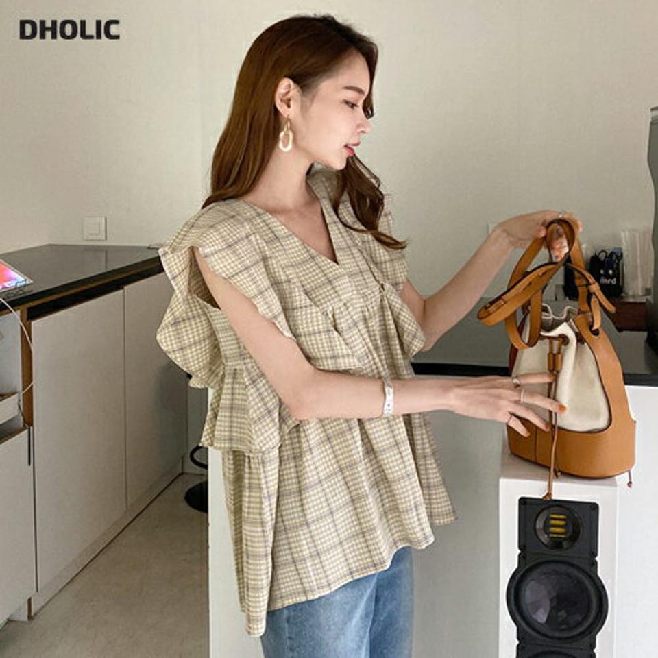 チェックフリルスリーブレスブラウス・全2色・b68821 レディース 【bl】【トップス ブラウス スリーブレス ノースリーブ チェック柄 フリル 可愛い かわいい ガーリー 春 夏 韓国 ファッション】【ハイホリHIHOLLI】