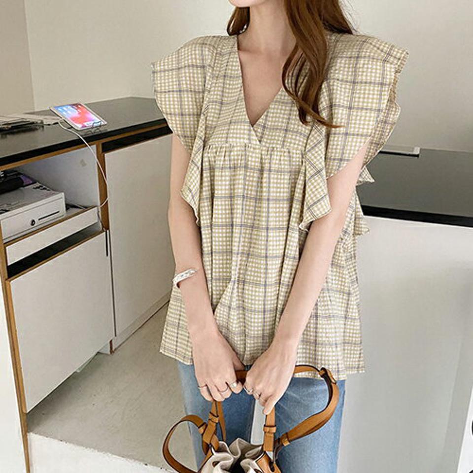 チェックフリルスリーブレスブラウス・全2色・b68821 レディース 【bl】【トップス ブラウス スリーブレス ノースリーブ チェック柄 フリル 可愛い かわいい ガーリー 春 夏 韓国 ファッション】【ハイホリHIHOLLI】