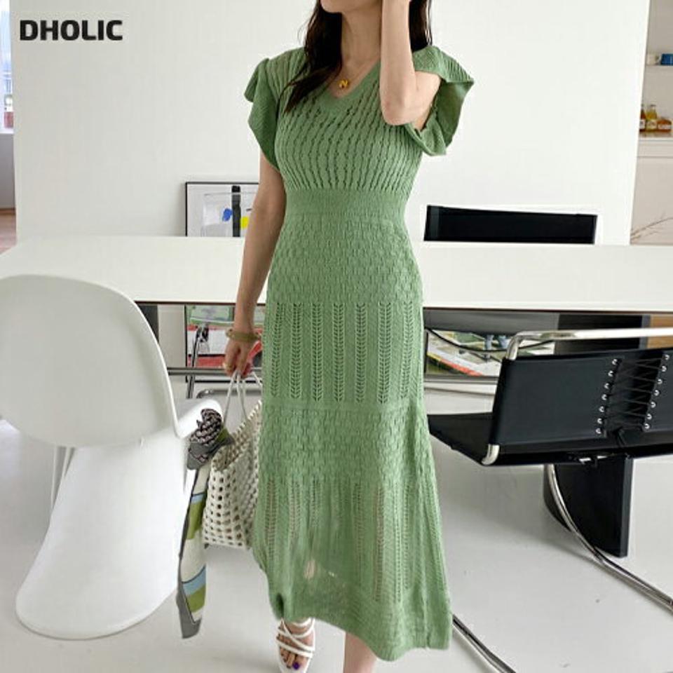 【10%OFF】≪人気商品再入荷≫スリップ付Vネックニットワンピース・全3色・b68823 レディース 【ops】 ワンピース ロング丈 パンチング デコルテ フレア ショートスリーブ クロシェ編み 二の腕カバー サマーニット 黄緑 春 夏 韓国ファッション ハイホリHIHOLLI セール SALE