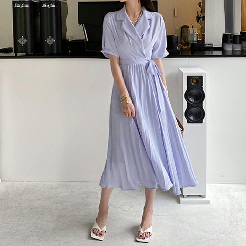 カラーネックラップワンピース・全3色・t68826 レディース 【ops】 ワンピース ロング 半袖 ハーフスリーブ ラップデザイン フェミニン レディ プリーツ 春 夏 韓国 ファッション ハイホリHIHOLLI