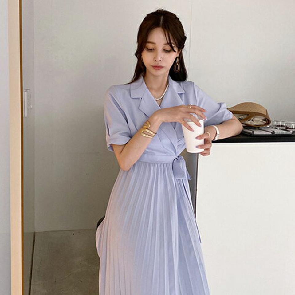 カラーネックラップワンピース・全3色・t68826 レディース 【ops】 ワンピース ロング 半袖 ハーフスリーブ ラップデザイン フェミニン レディ プリーツ 春 夏 韓国 ファッション ハイホリHIHOLLI