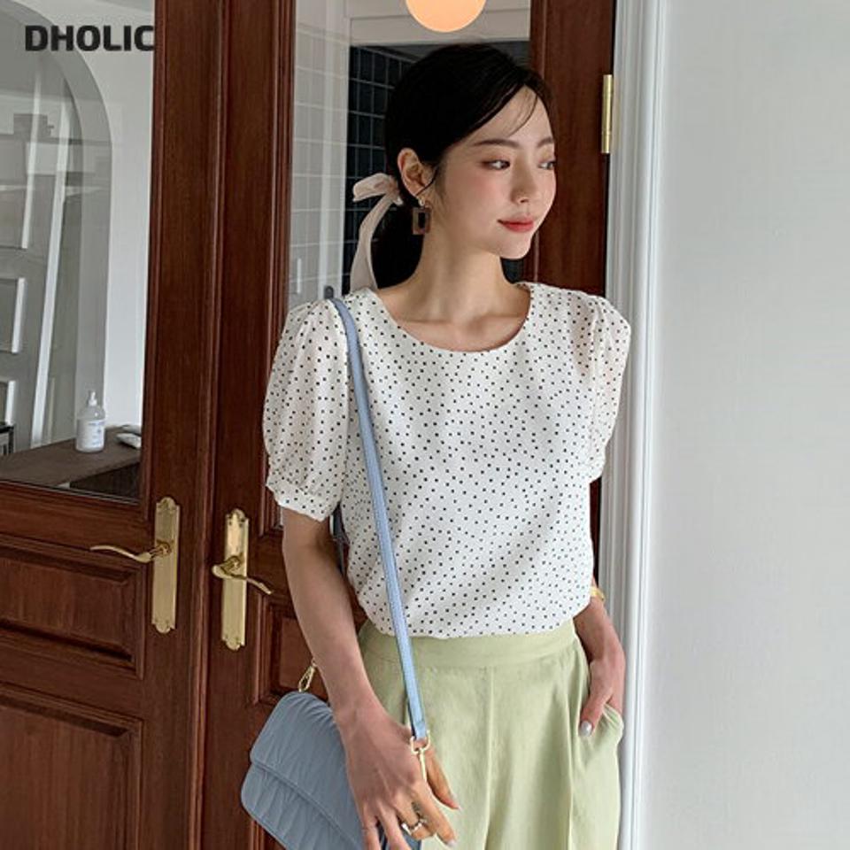 ラウンドドットブラウス・全3色・t65458 レディース 【bl】 トップス ブラウス 半袖 ハーフスリーブ ドット柄 レトロ パフ袖 パフスリーブ 可愛い かわいい 春 夏 韓国 ファッション