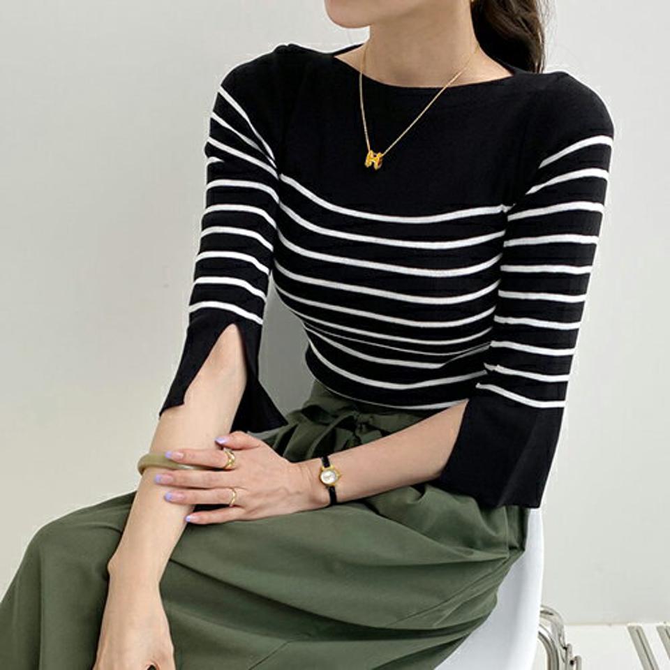 ≪人気商品再入荷≫2TYPEボートネックスリットスリーブニット・全4色・b68818 レディース 【tops】 トップス ニットトップス ニット 七分丈 七分袖 7分丈 7分袖 スリット ボーダー柄 単色 無地 シンプル ボートネック 春 秋 韓国ファッション ハイホリHIHOLLI