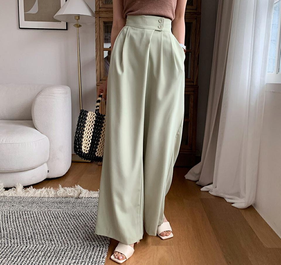 ラップ調ツーボタンワイドパンツ・全3色・t65485 レディース 【pt】 パンツ ズボン ロングパンツ ワイド ラップデザイン 単色 無地 シンプル カジュアル ラフ 春 夏 秋 韓国 ファッション