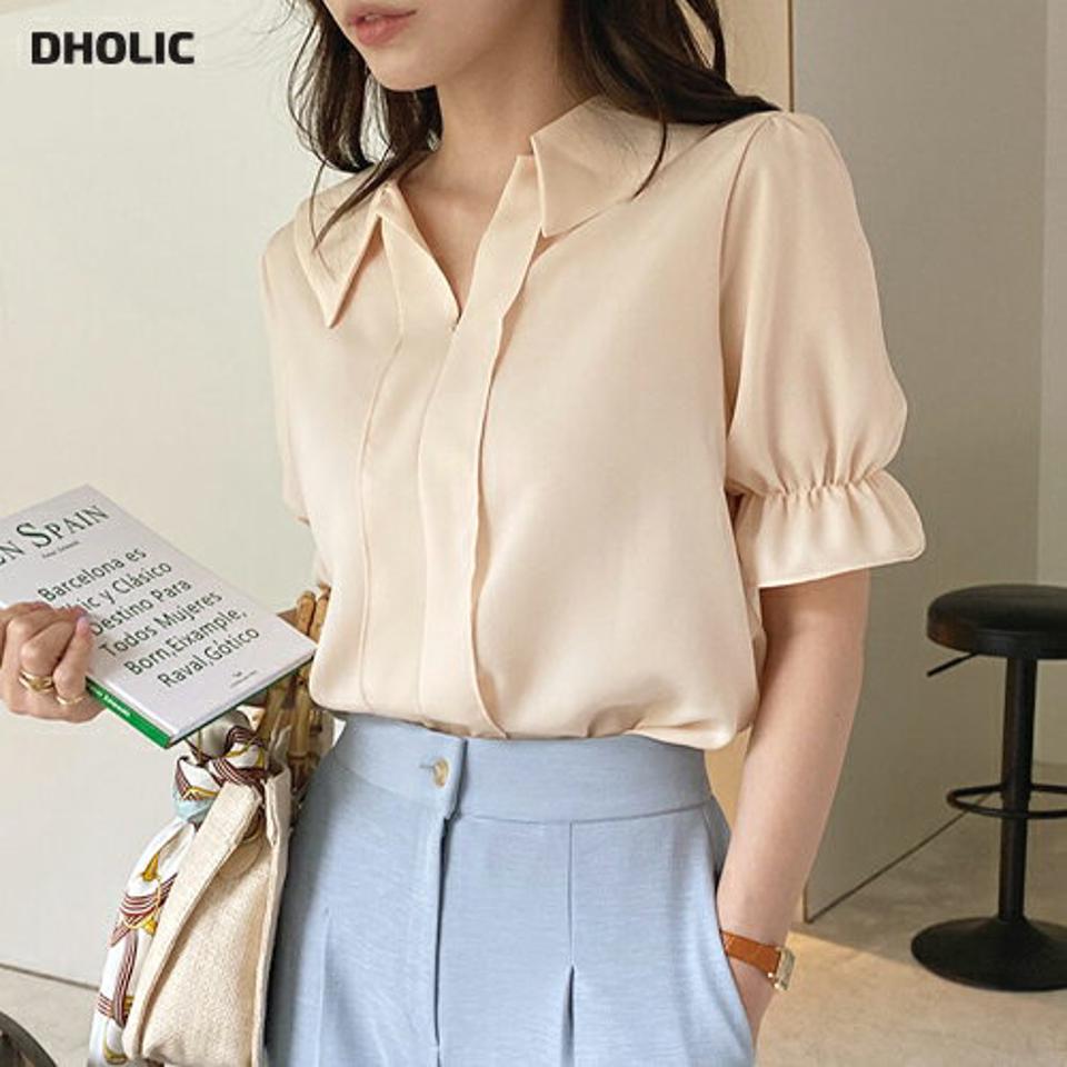 スリットネックカラーブラウス・全3色・t68820 レディース 【bl】 トップス ブラウス 半袖 ハーフスリーブ スリットネック 単色 無地 シンプル フェミニン パフ袖 パフスリーブ 春 夏 韓国ファッション ハイホリHIHOLLI