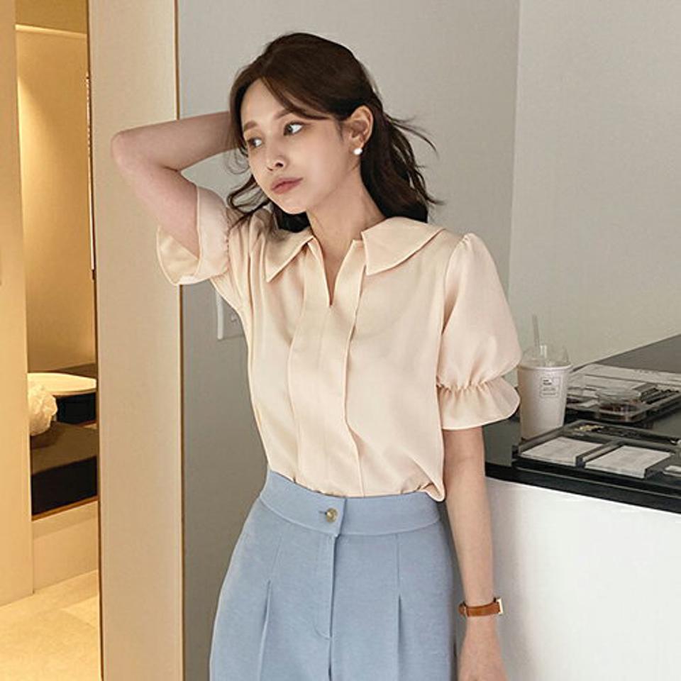 スリットネックカラーブラウス・全3色・t68820 レディース 【bl】 トップス ブラウス 半袖 ハーフスリーブ スリットネック 単色 無地 シンプル フェミニン パフ袖 パフスリーブ 春 夏 韓国ファッション ハイホリHIHOLLI