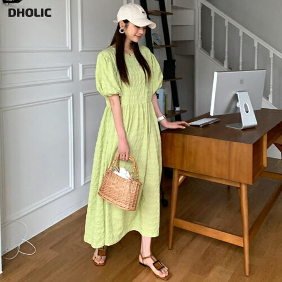 【10%OFF】パフリンクルワンピース・全3色・b65464 レディース 【ops】 ワンピース ロング丈 ロングワンピース 半袖 ハーフスリーブ パフ袖 パフスリーブ リンクル 可愛い かわいい 体型カバー パステル くすみ エンボス 黄緑 春 夏 韓国ファッション セール SALE