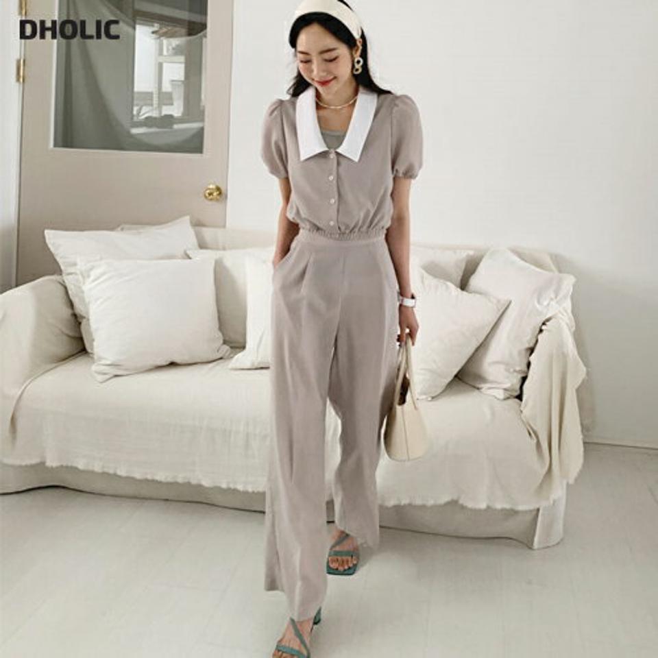 配色カラーブラウス&サイドジップスラックスSET・全3色・t65468 レディース 【pt】 セットアップ setup トップス ブラウス 半袖 ハーフスリーブ パフ袖 パフスリーブ スラックス パンツ ズボン 春 夏 韓国 ファッション