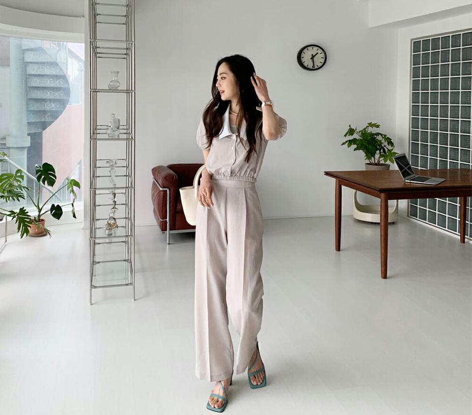 配色カラーブラウス&サイドジップスラックスSET・全3色・t65468 レディース 【pt】 セットアップ setup トップス ブラウス 半袖 ハーフスリーブ パフ袖 パフスリーブ スラックス パンツ ズボン 春 夏 韓国 ファッション