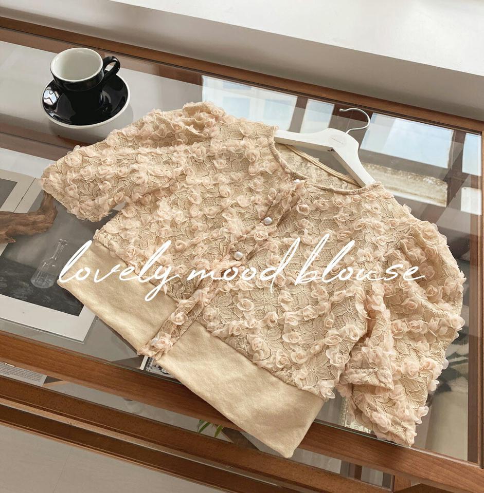 フラワーモチーフブラウス・全2色・t65460 レディース 【bl】【トップス ブラウス 半袖 ハーフスリーブ 花柄 透け感 シアー シースルー フェミニン 可愛い かわいい 春 夏 韓国 ファッション】