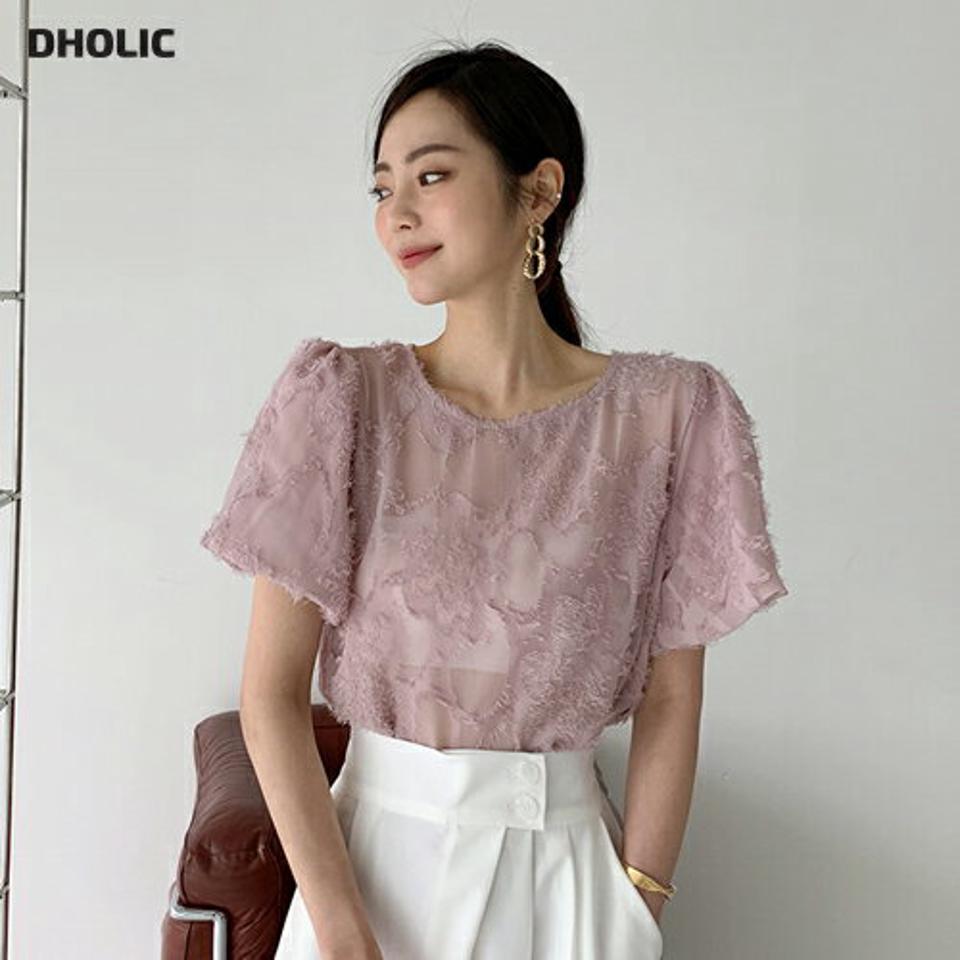 フラワーテクスチャーシアーブラウス・全3色・65457 レディース 【bl】 トップス ブラウス シアー 透け感 シースルー 花柄 フェミニン かわいい シフォン ユニーク ギャザー 春 夏 韓国 ファッション