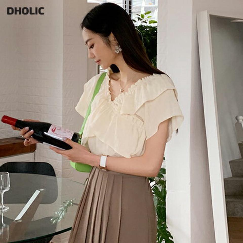 フリルクロスブラウス・全3色・65459 レディース 【bl】 トップス ブラウス 半袖 フリル クロス フェミニン デコルテ 鎖骨 春 夏 韓国ファッション